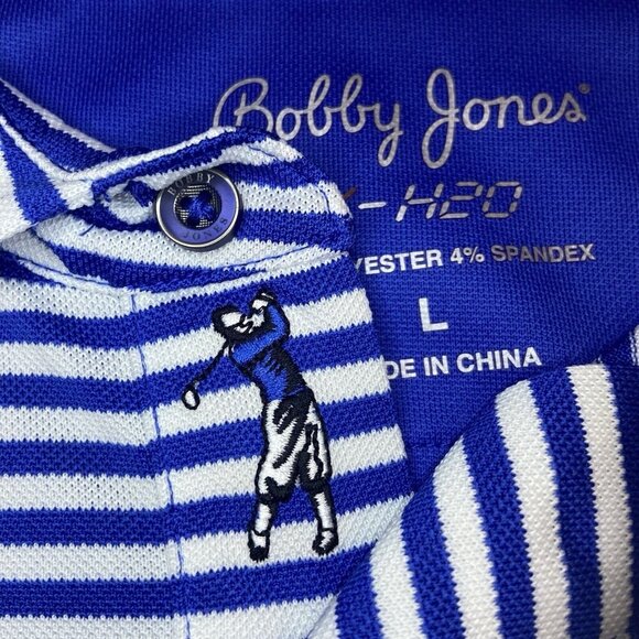 BOBBY JONES X-H20 Blue Striped Golf Polo Shirt Embroidered Cascata Men's Size L - Picture 10 of 11